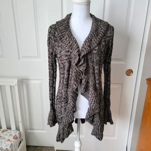 INC Ruffle Cardigan Duster Knit Oatmeal & Black Romantic Bell Sleeves